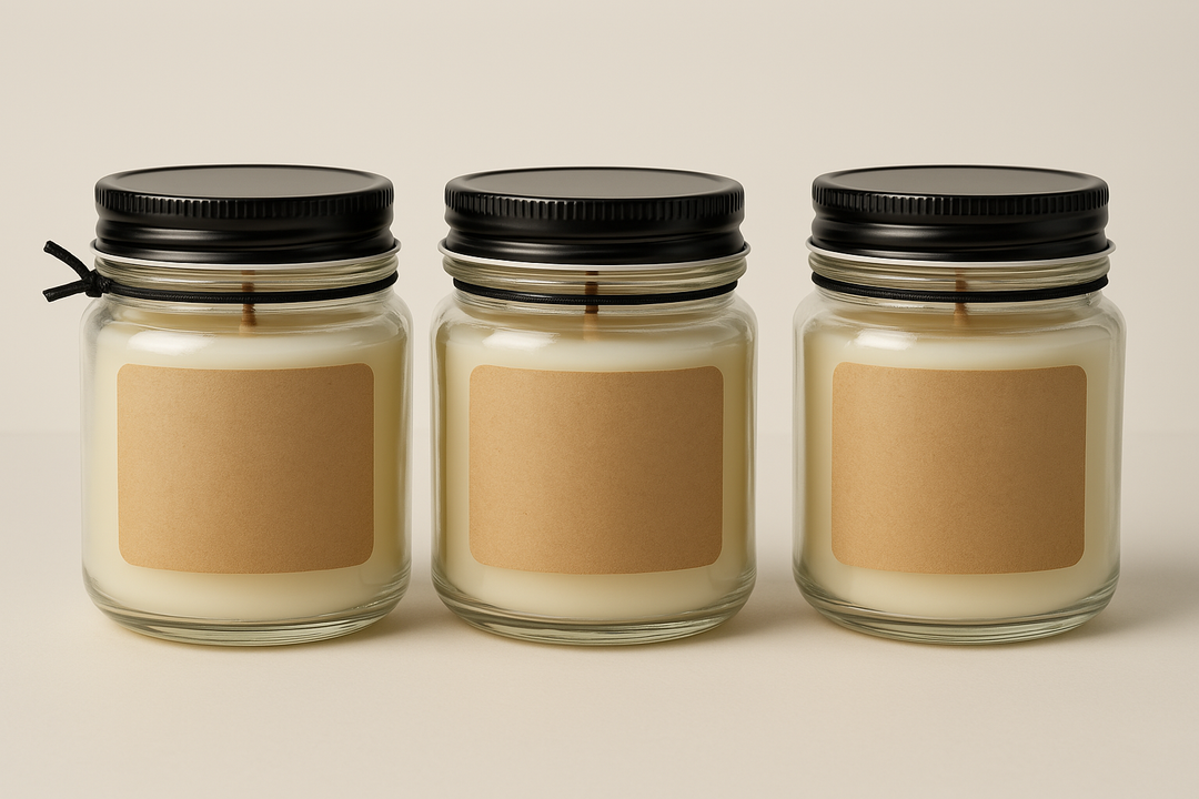 Three 8 oz clear glass jar candles with black lids and blank kraft labels, ready for custom scent and color selection