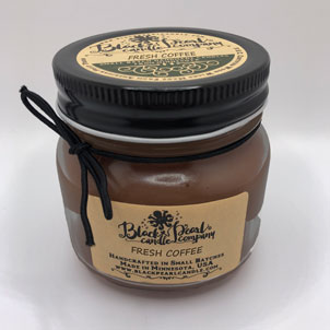 Fresh Coffee scented candle in 8 oz mason jar with wood wick, soy-paraffin wax, and rich espresso aroma